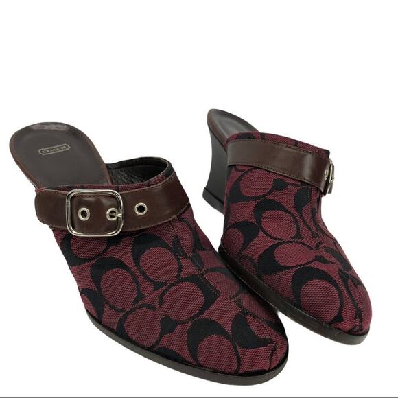 COACH Signature Monogram Canva Burgundy/wine Logo textile Bethany Wedge Mules 7 - Picture 6 of 16